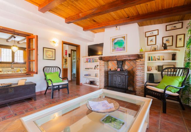 Living room with fireplace in this rural apartment in Mijas Pueblo