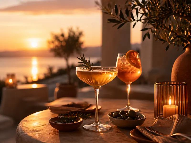 Deux cocktails sur une table de la terrasse de Tardeo, au coucher du soleil sur la mer