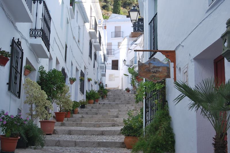 Eine steile Gasse mit weißen Häusern und Blumentöpfen in der Altstadt von Frigiliana